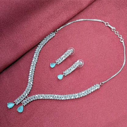 Silver Finish Leaf Design AD Teardrop Stones Necklace Set for Girls & Women