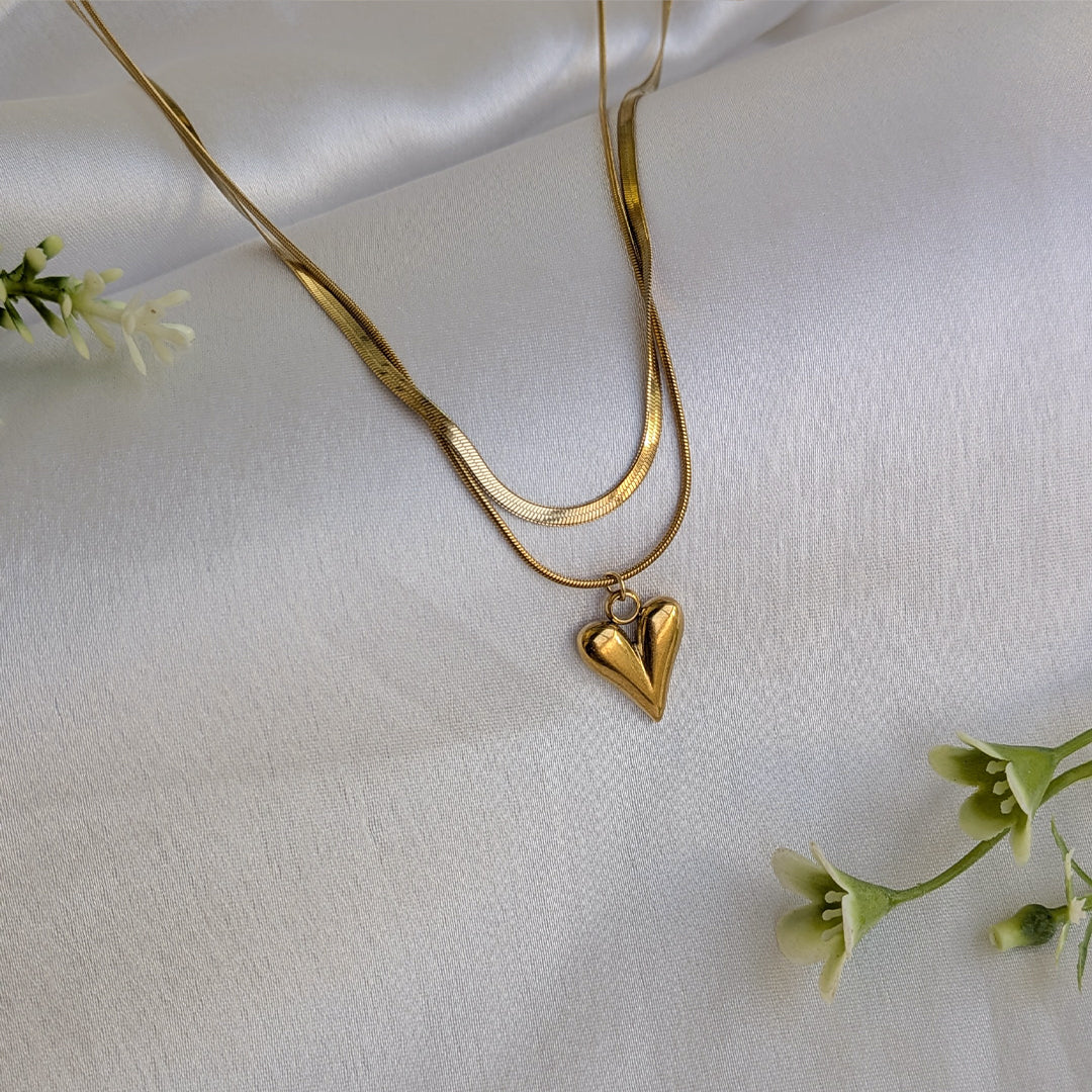 Gold Plated Double Layer Snake Chain Puffy Heart Pendant For Girls & Women