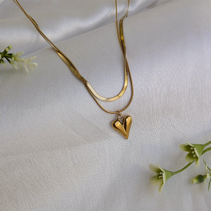 Gold Plated Double Layer Snake Chain Puffy Heart Pendant For Girls & Women