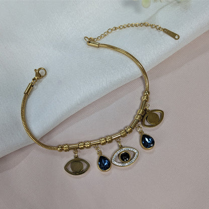 Gold Finish Navy Blue Evil Eye Charm Bracelet For Girls & Women (Anti-Tarnish)