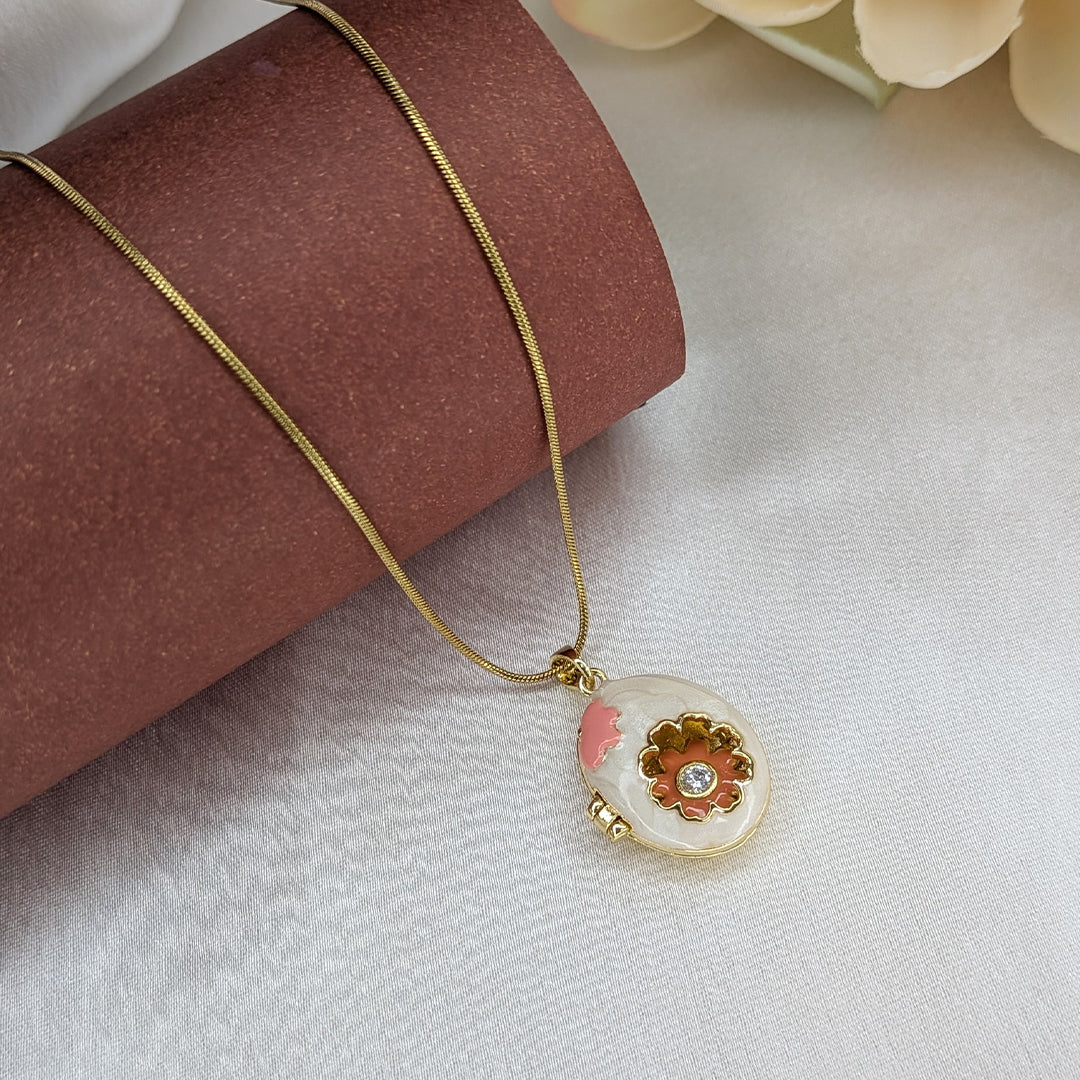 Openable Charming Floral Enamel Oval Locket with Crystal Accent For Girls & Women