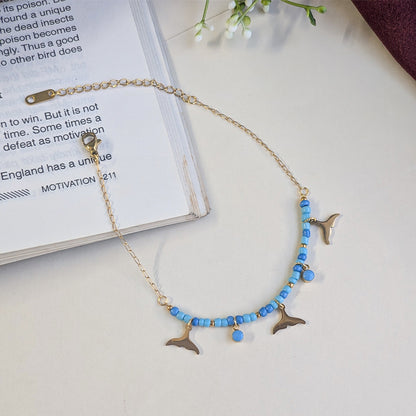 Gold Tone Blue Beaded Mermaid Tail Anklet For Girls & Women