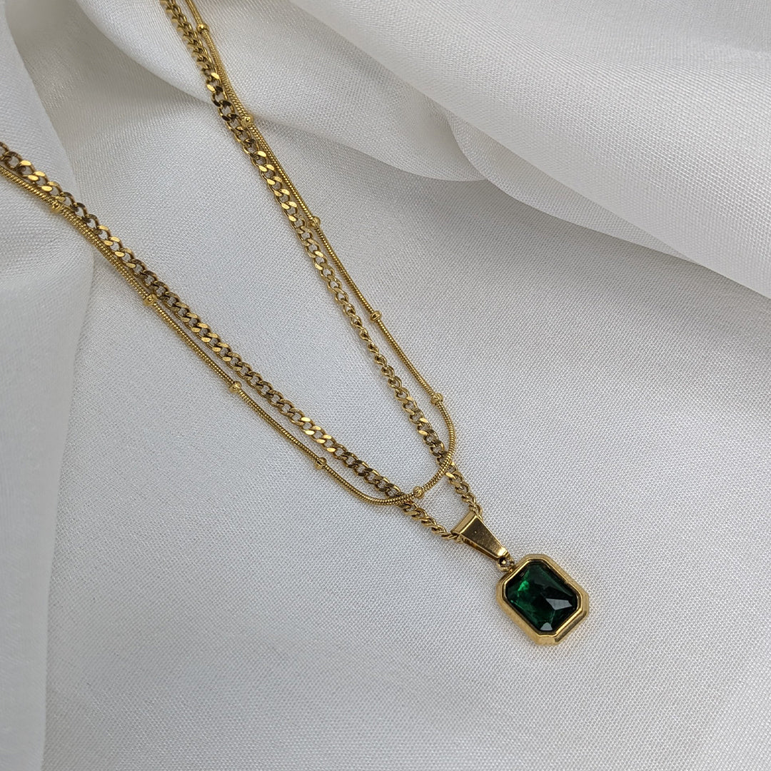 18K Gold Plated Layered Chain With Green Gemstone Emerald Pendant For Girls & Women