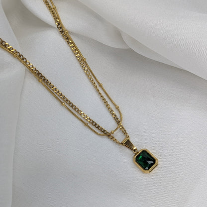 18K Gold Plated Layered Chain With Green Gemstone Emerald Pendant For Girls & Women