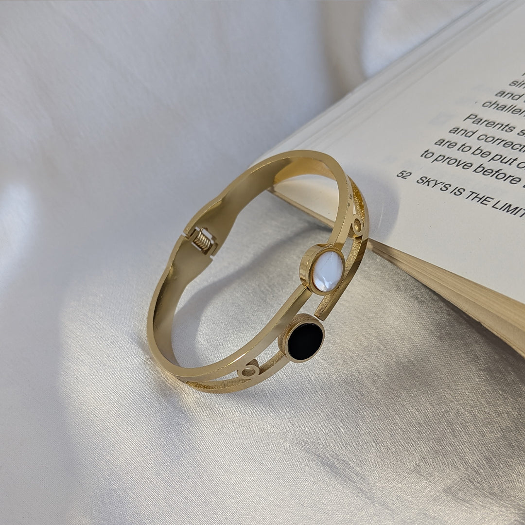 Gold Plated Dual White & Black Enamel Round Stone Bracelet For Girls & Women