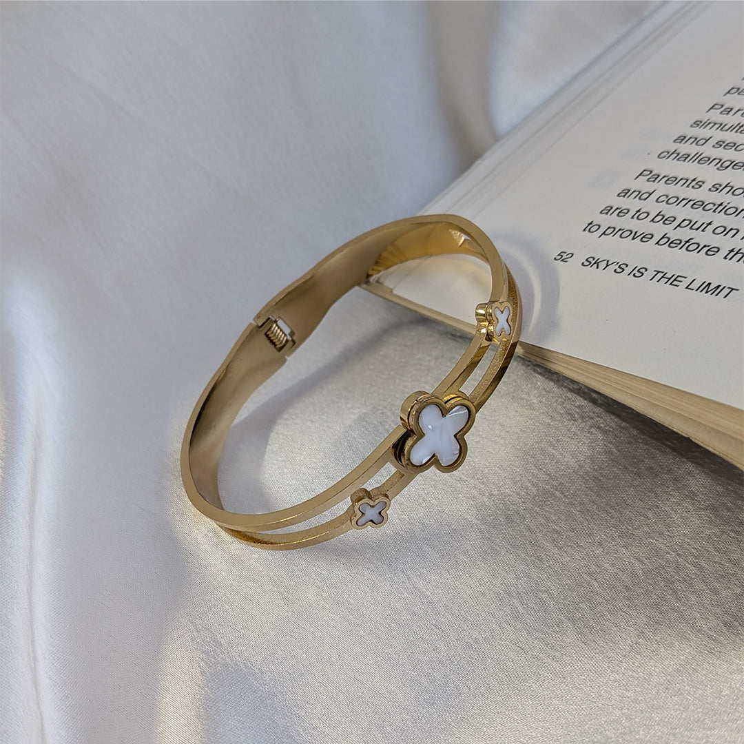 Elegant Gold Plated Clover Bracelet with White Enamel Accents For Girls & Women