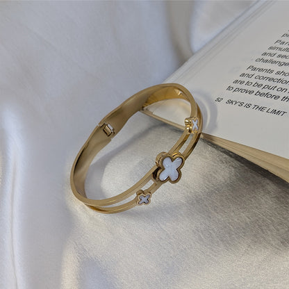 Elegant Gold Plated Clover Bracelet with White Enamel Accents For Girls & Women