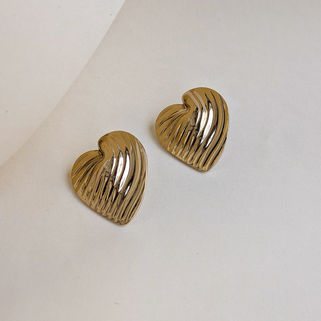 Golden Gilded Grace Textured Heart Stud Earrings For Girls & Women (Anti-Tarnish)