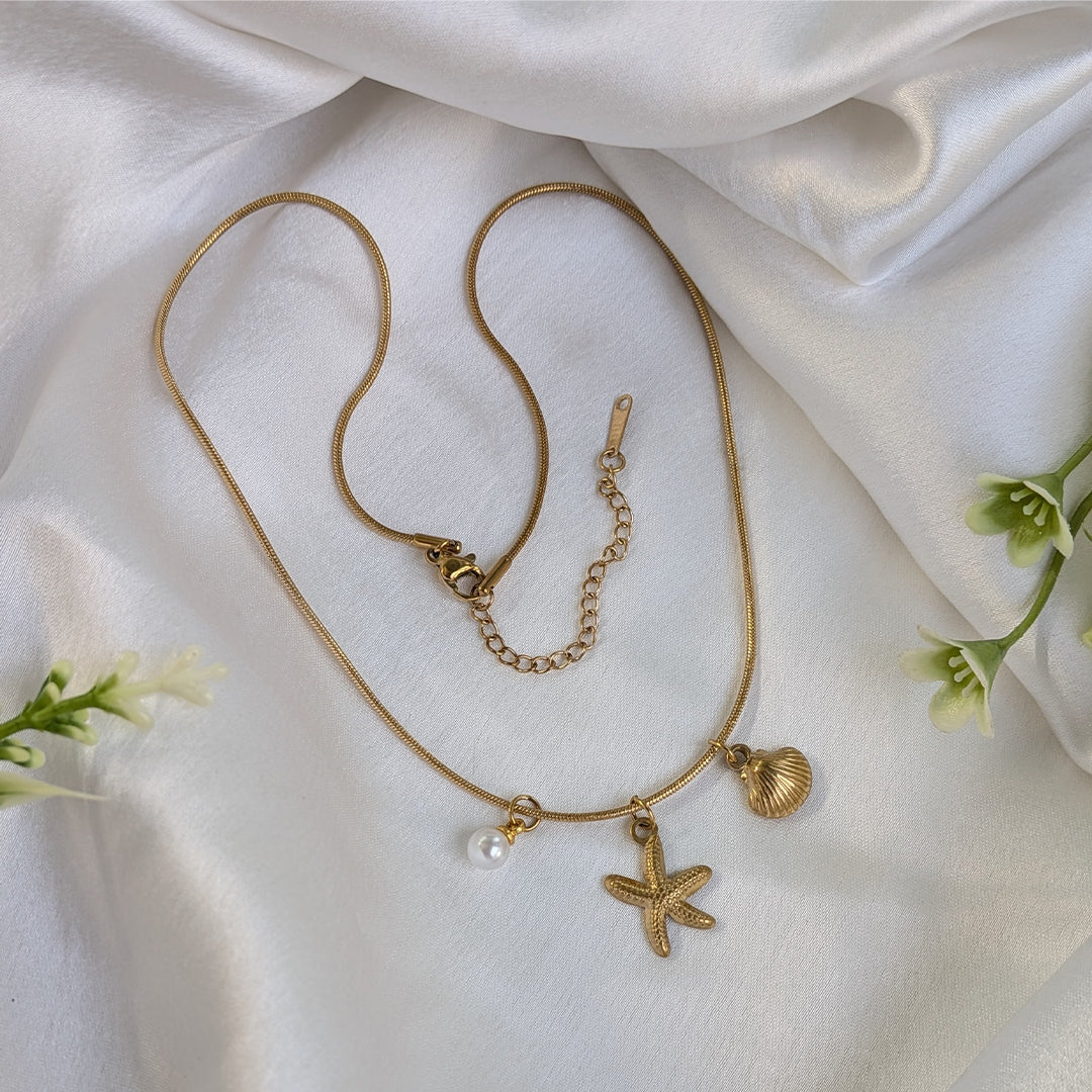 Gold Plated Sea Charm with Pearl, Starfish & Shell Pendants For Girls & Women