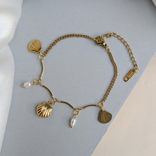 Gold Plated Elegant Shell & Freshwater Pearl Charm Bracelet For Girls & Women