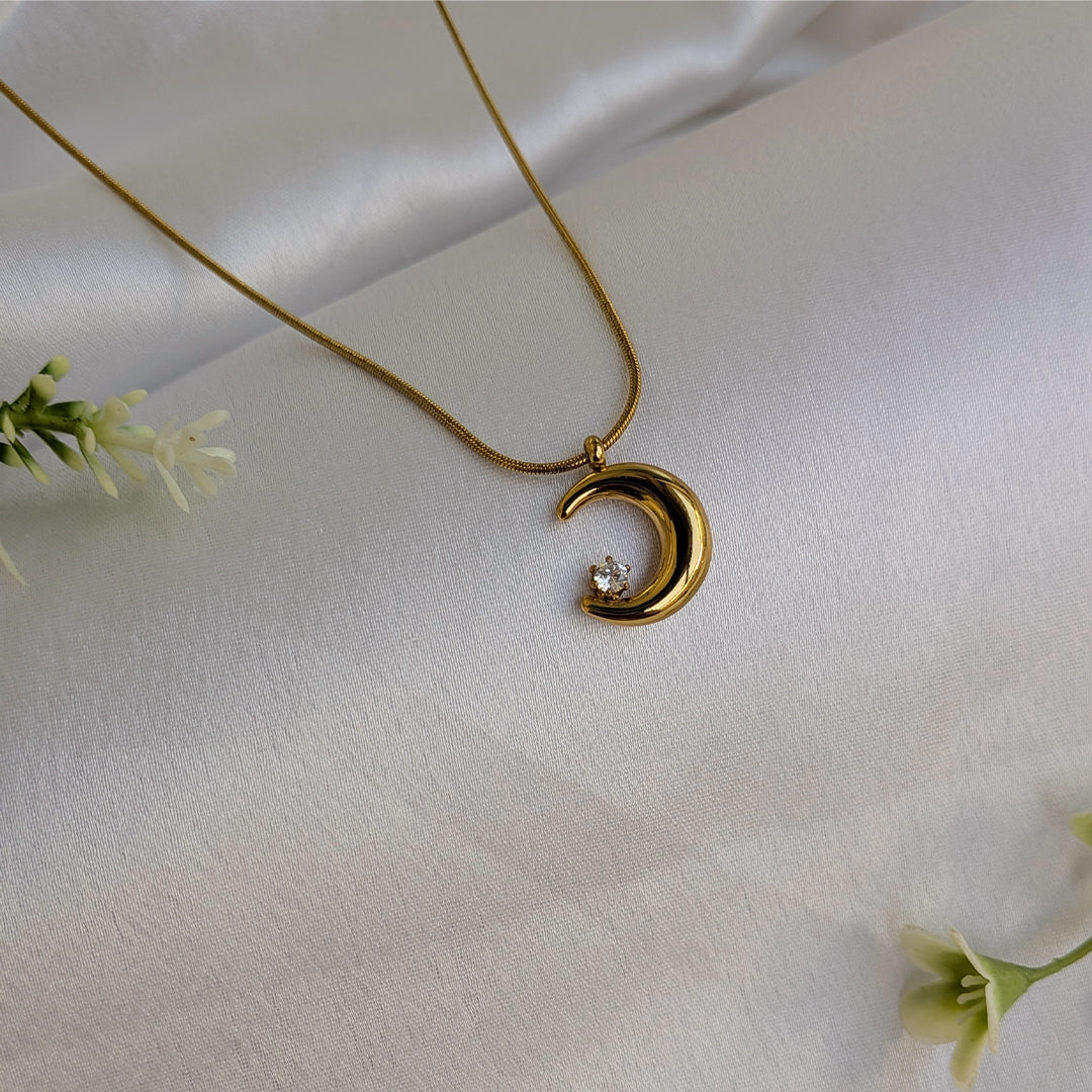 Gold Plated Crescent Moon Zircon Pendant For Girls & Women