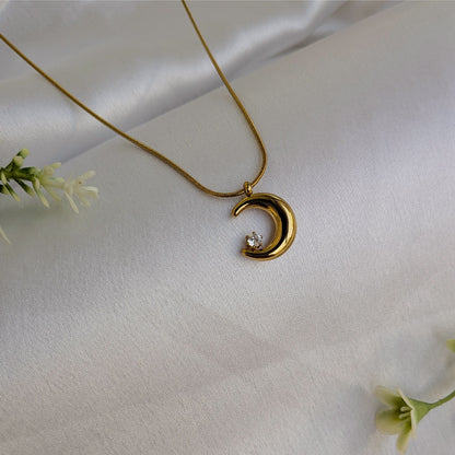 Gold Plated Crescent Moon Zircon Pendant For Girls & Women