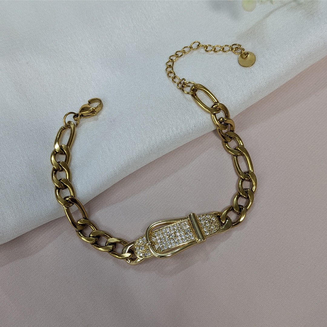 Gold Finish Crystal Buckle Charm Bracelet For Girls & Women (Anti-Tarnish)