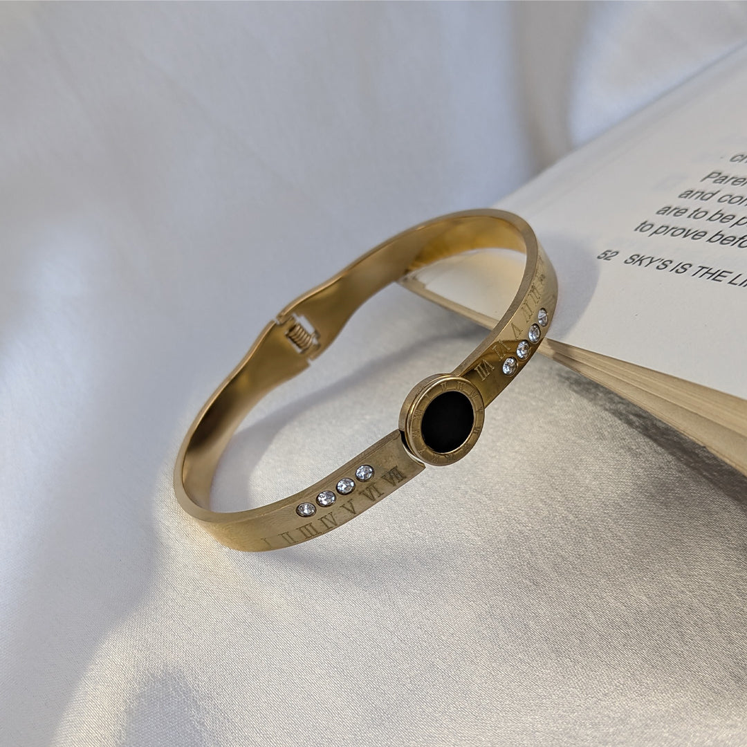 Gold Finish Roman Numeral Bracelet With Black Enamel Center and AD Stone Accents For Girls & Women