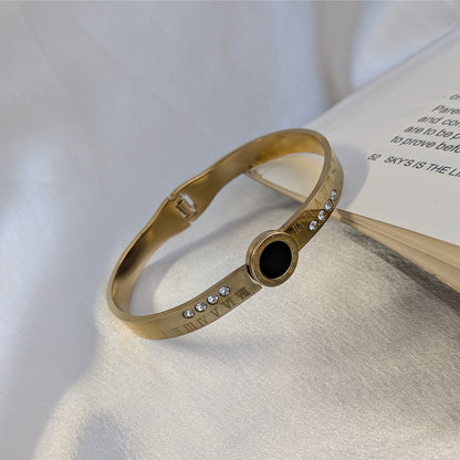 Gold Finish Roman Numeral Bracelet With Black Enamel Center and AD Stone Accents For Girls & Women