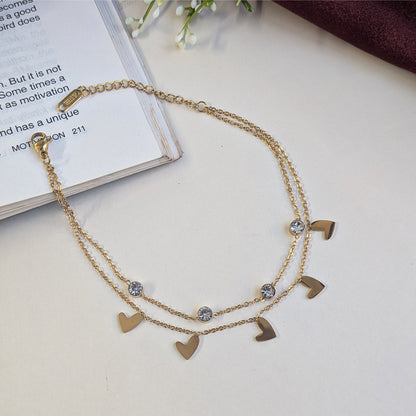 Gold Tone Stainless Steel Heart & Crystal Accents Anklet For Girls & Women