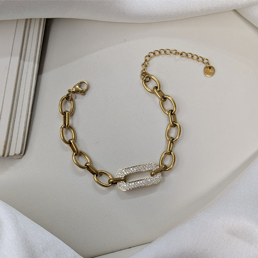Gold Finish Oval Link Chain Bracelet with Rectangle Crystal Clasp For Girls & Women (Anti-Tarnish)