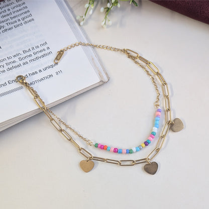 Gold Finish Multicolor Beaded With Heart Charm Anklet For Girls & Women