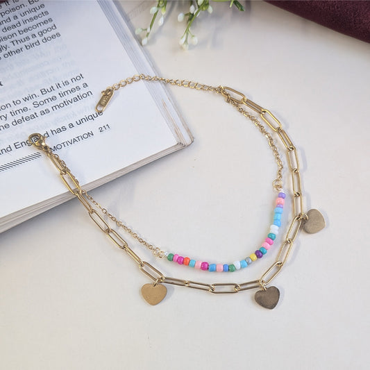Gold Finish Multicolor Beaded With Heart Charm Anklet For Girls & Women
