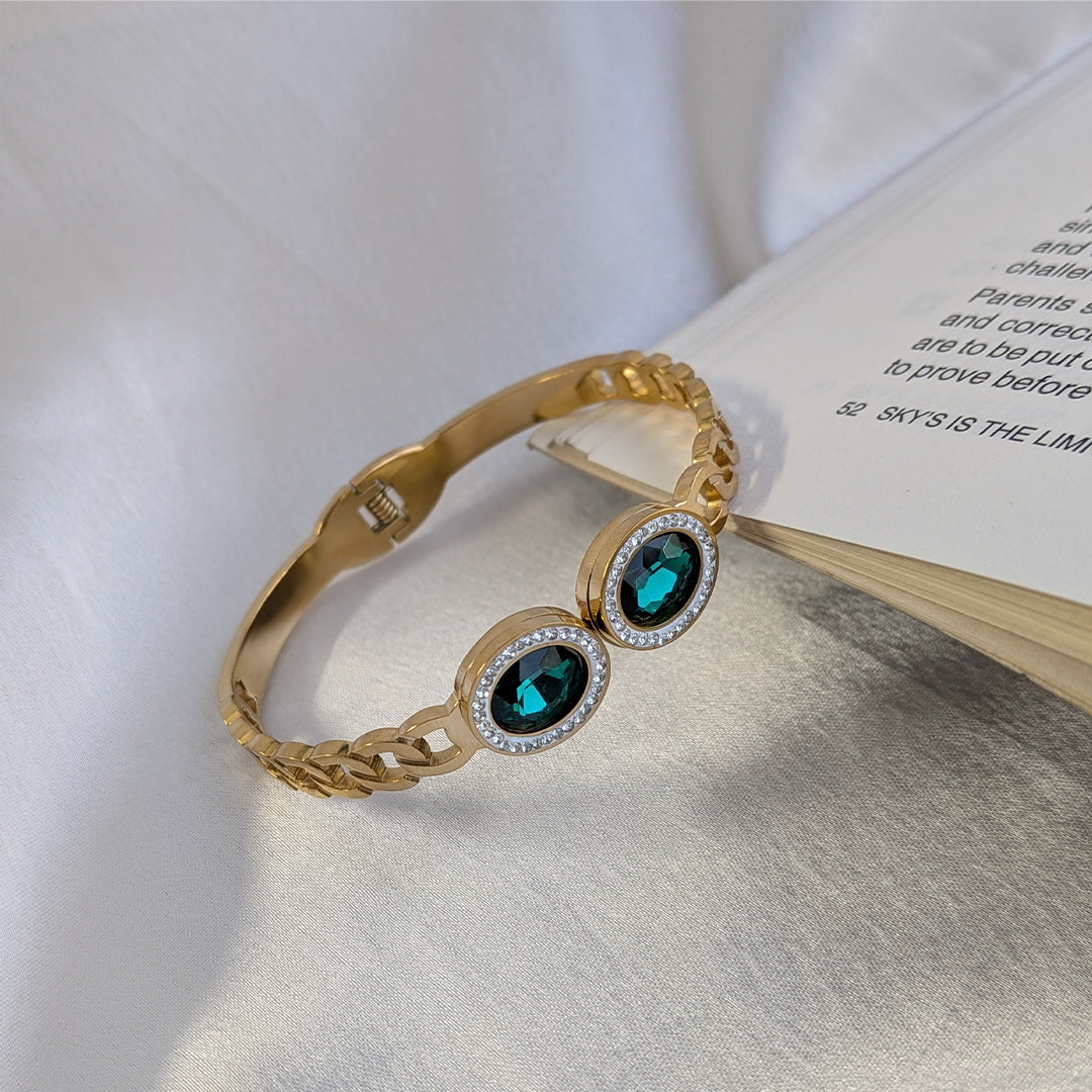 Gold Tone Oval Emerald Crystal Cuff Bracelet For Girls & Women