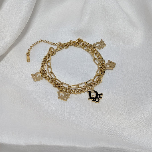 18K Gold Finish Double Layer Chain Bracelet with with Charms for Girls & Women