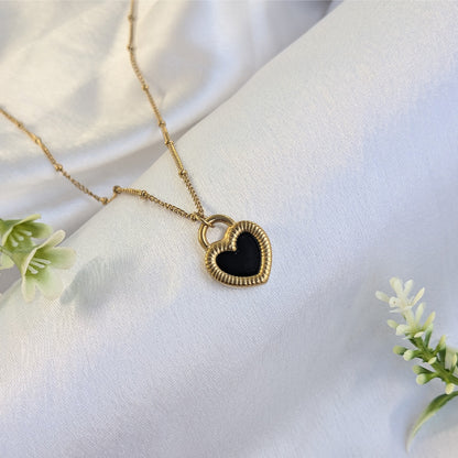 Gold Plated Black Enamelled Heart Pendant With Beaded Chain For Girls & Women