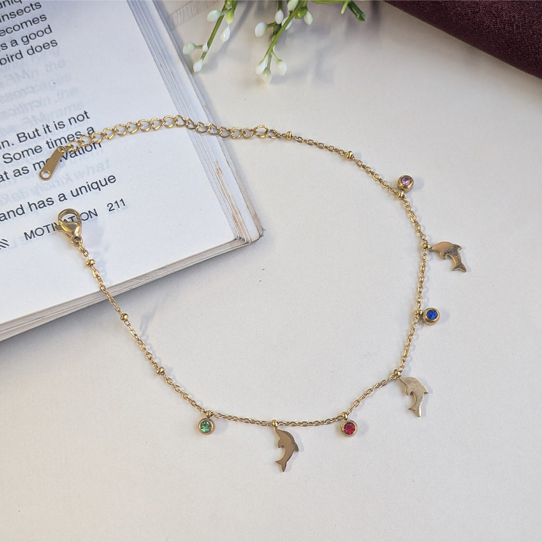 Golden Stainless Steel Dolphin Anklet With Stone Accents For Girls & Women