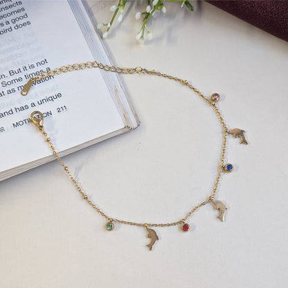 Golden Stainless Steel Dolphin Anklet With Stone Accents For Girls & Women