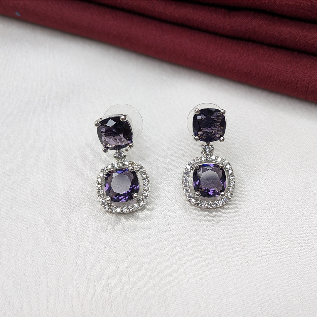 Silver Finish Elegant Cushion Cut AD Stone Drop Earrings for Girls & Women