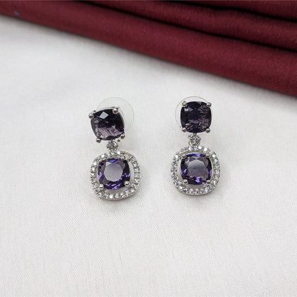 Silver Finish Elegant Cushion Cut AD Stone Drop Earrings for Girls & Women