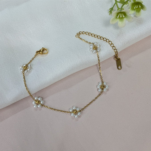 Gold Finish Daisy Pearl Bracelet For Girls & Women (Anti-Tarnish)