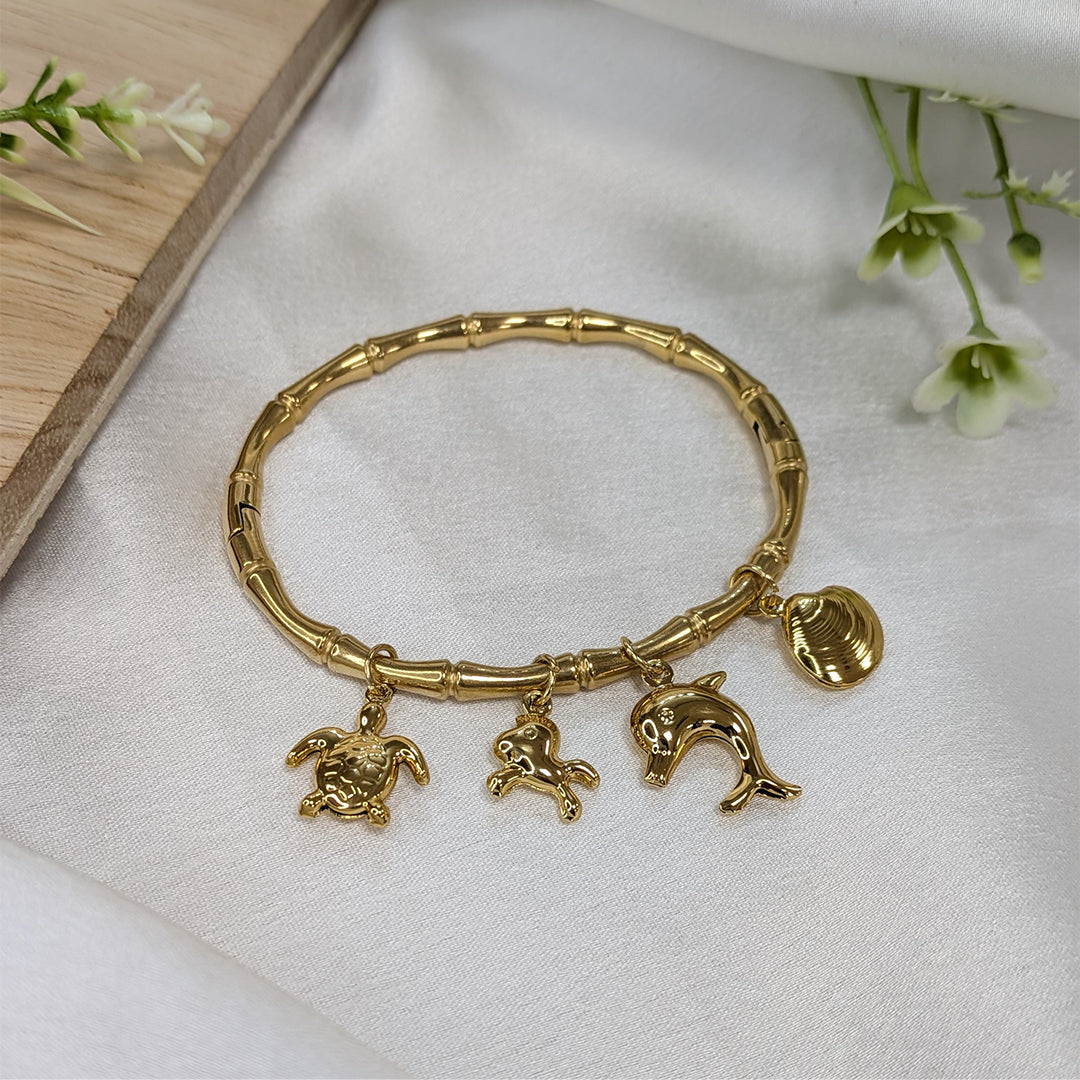 Gold Finish Ocean Life Charm Bracelet For Girls & Women