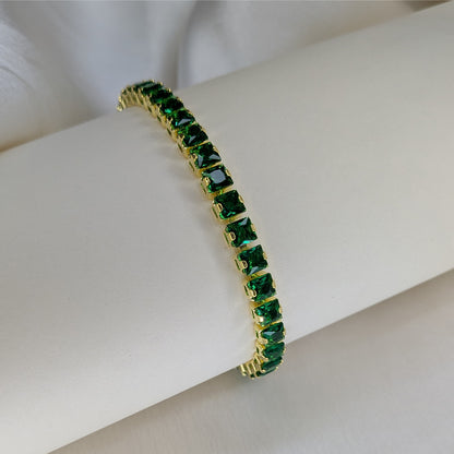 Gold Tone Tennis Bracelet With Emerald Green Gemstones For Girls & Women