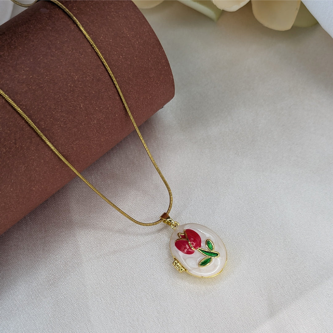 Openable Rose Enamel Oval Locket Pendant For Girls & Women