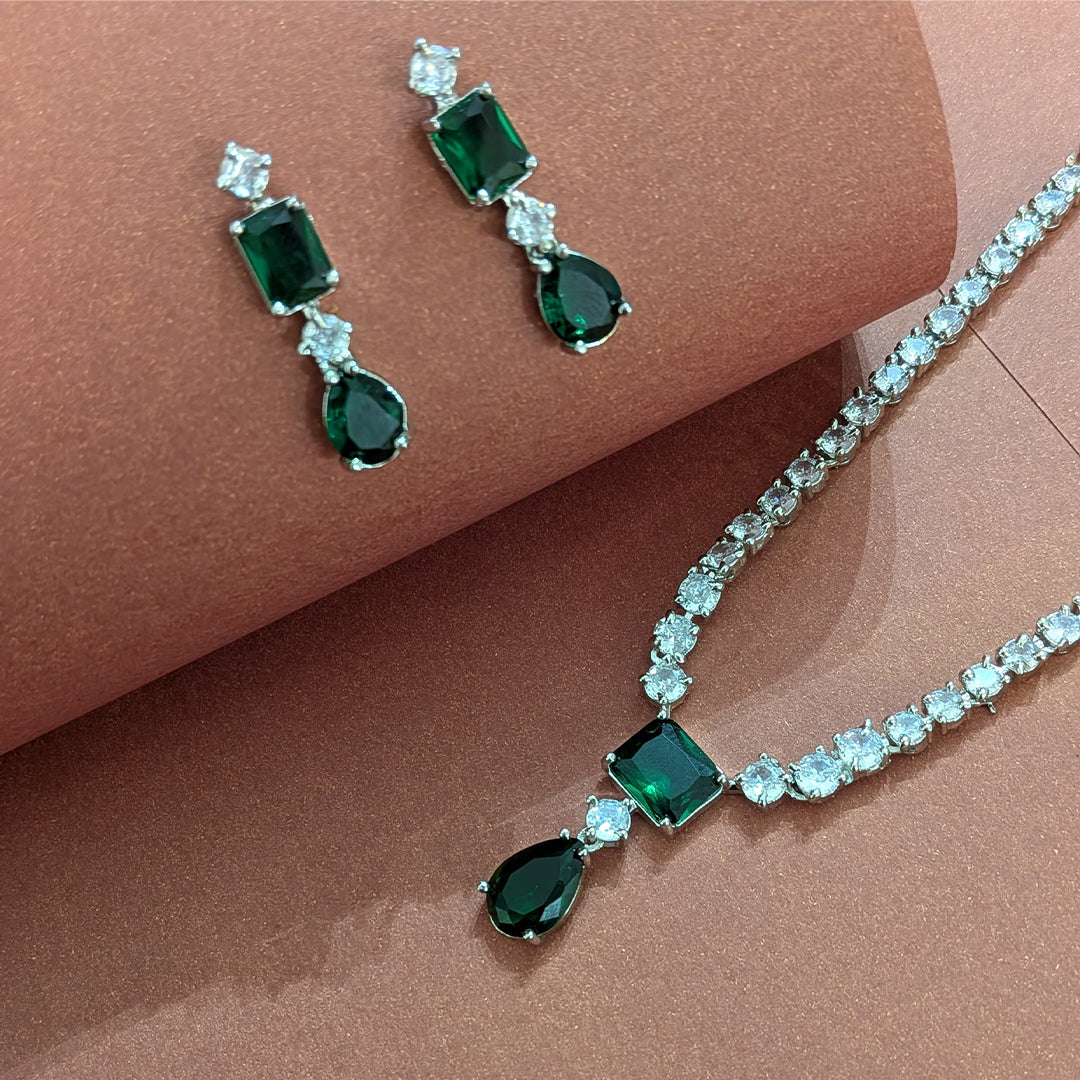 Silver Finish Classic Rectangular & Teardrop Stone Jewellery Set For Women