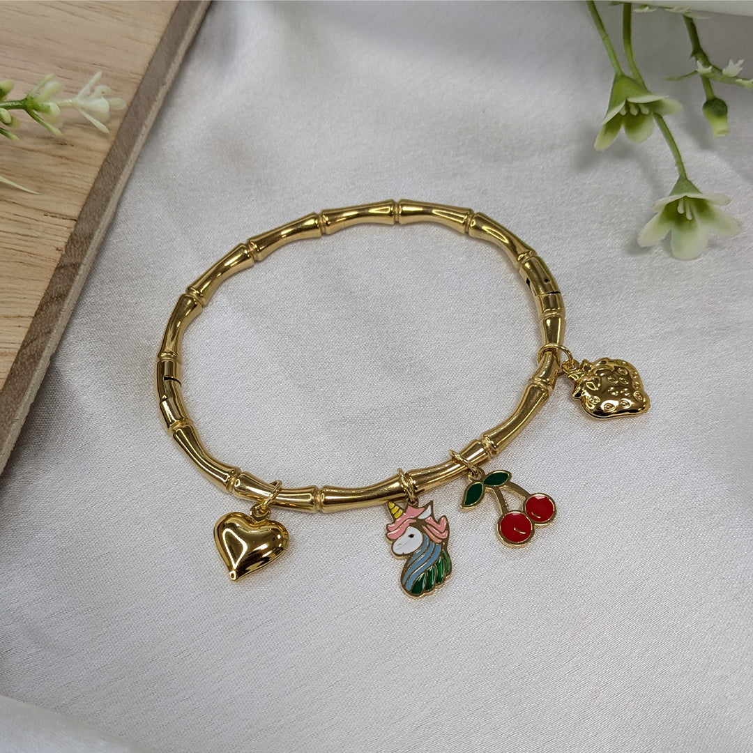 Gold Finish Unicorn & Fruit Charm Bracelet For Girls & Women