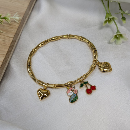 Gold Finish Unicorn & Fruit Charm Bracelet For Girls & Women