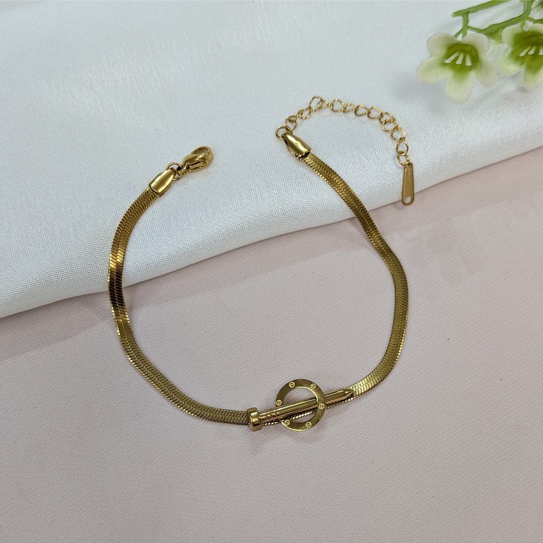Gold Finish Round Toggle & Nail Embedded Designer Snake Chain Bracelet For Girls & Women (Anti-Tarnish)