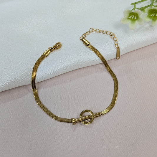 Gold Finish Round Toggle & Nail Embedded Designer Snake Chain Bracelet For Girls & Women (Anti-Tarnish)
