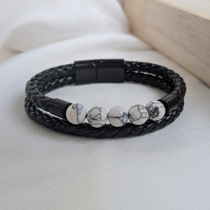Premium Black Braided Leather Bracelet With Beads For Men