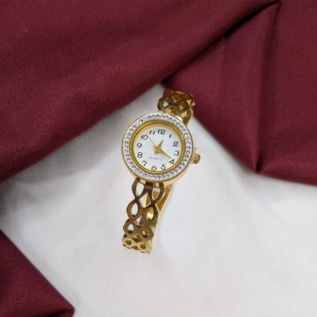 Classic Analog AD Studded Dual Woven Design Band Bracelet Watch For Girls & Women