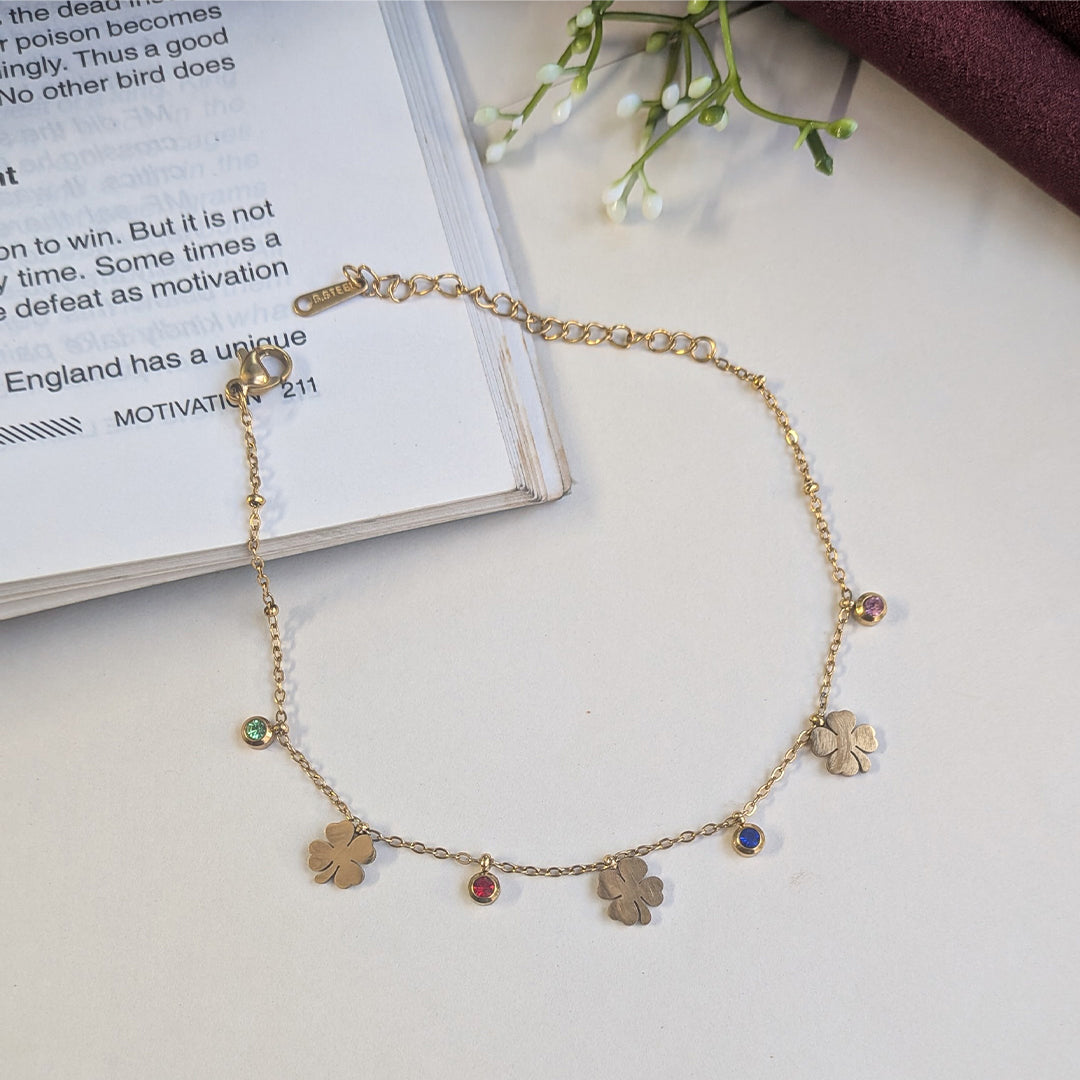 Gold Finish Lucky Clover Anklet With Stone Accents For Girls & Women