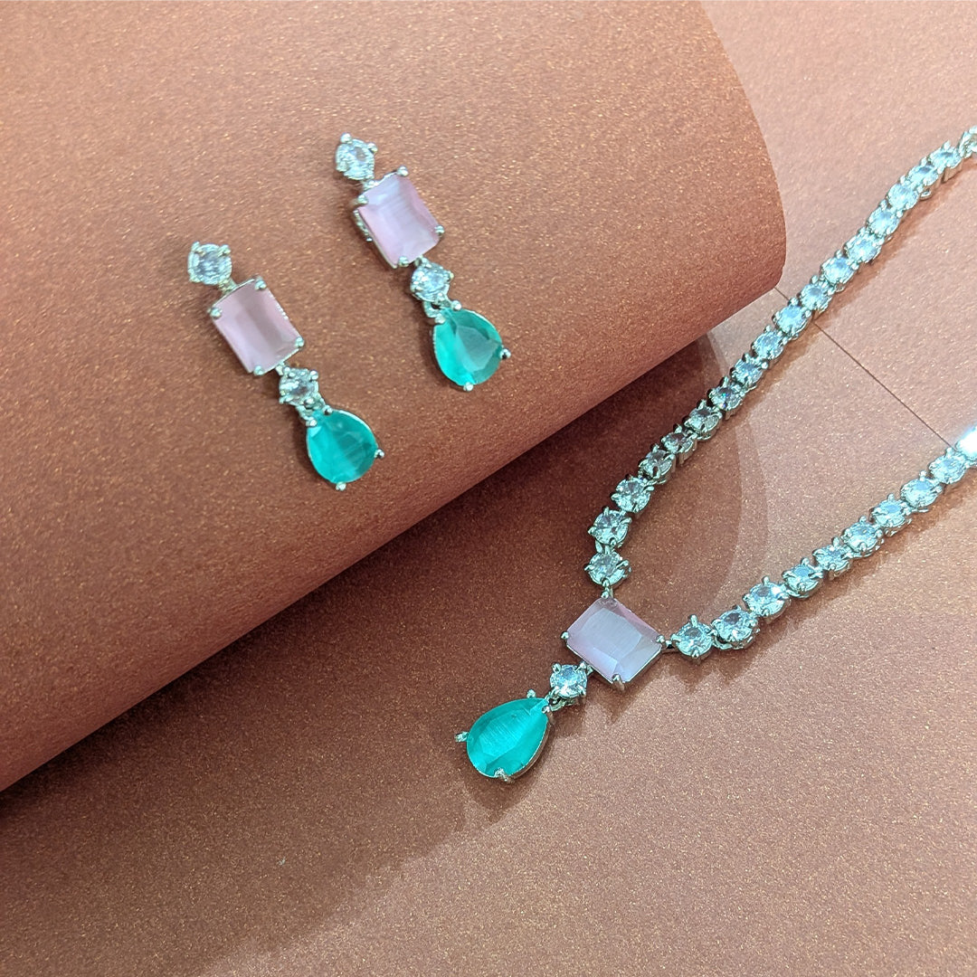 Silver Finish Classic Rectangular & Teardrop Stone Jewellery Set For Women