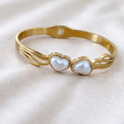 18K Gold Plated Double Heart Pearl Open Cuff Bracelet for Women & Girls