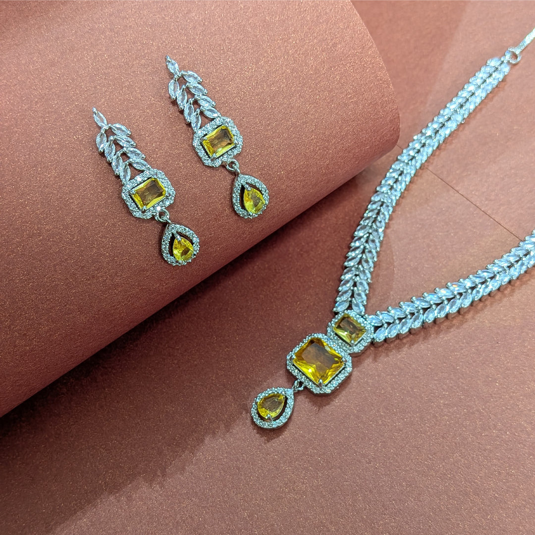 AD Luxe Square & Teardrop Gemstone Necklace With Matching Earrings For Women