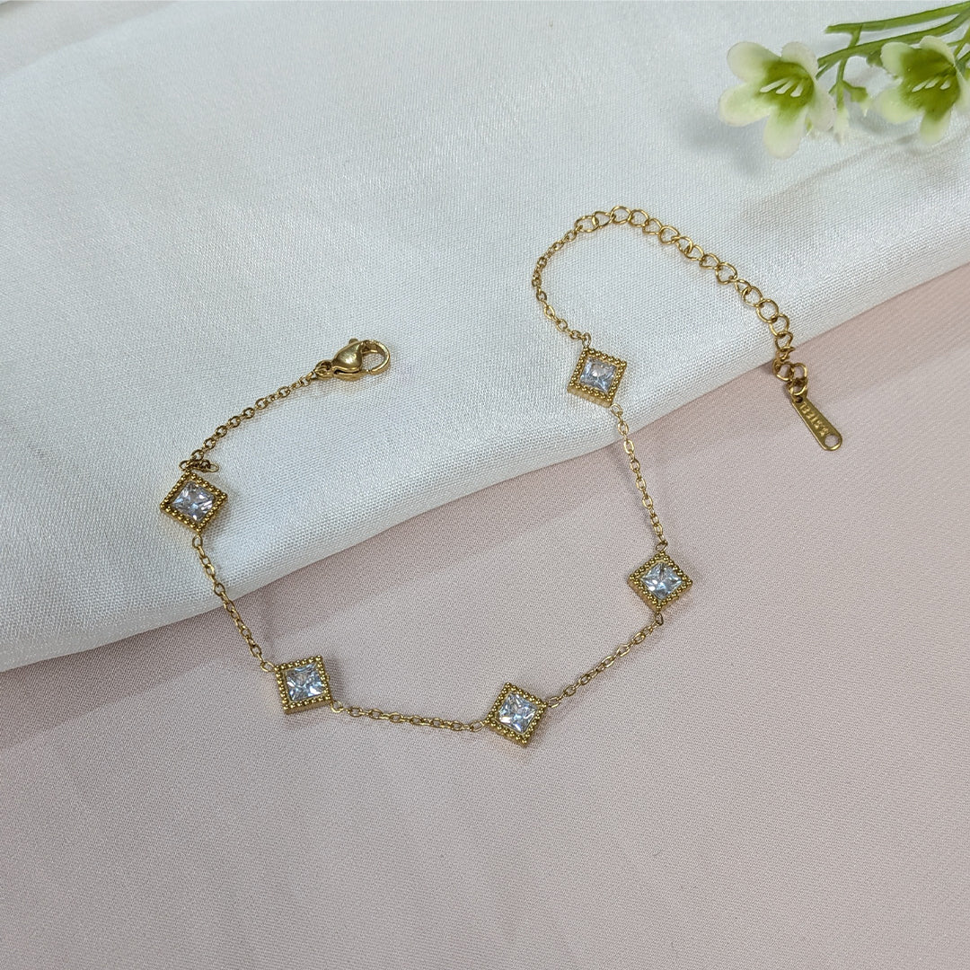 Gold Finish Square Crystal Chic Charm Bracelet For Girls & Women (Anti-Tarnish)