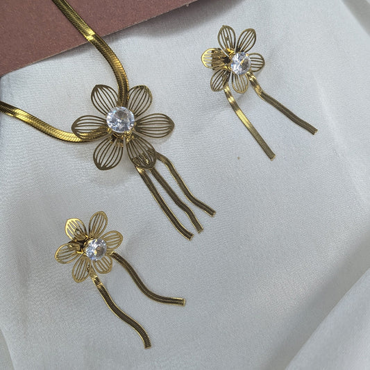 Gold Plated Five Petal Floral Crystal Pendant & Earring Set for Women
