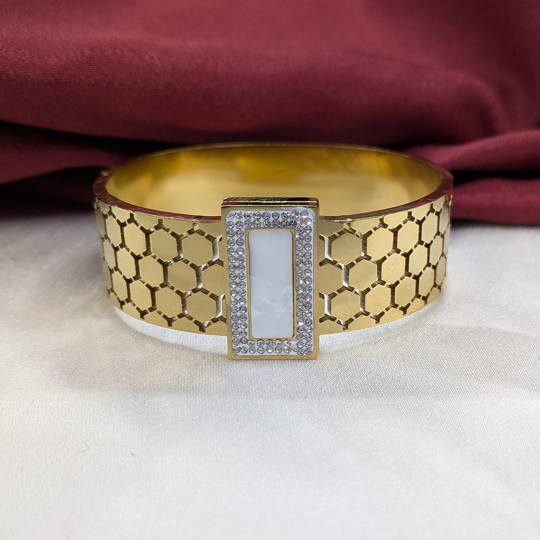 18K Gold Plated Hexa-Cut Cuff Bracelet with Enamel Centerpiece (Anti Tarnish)
