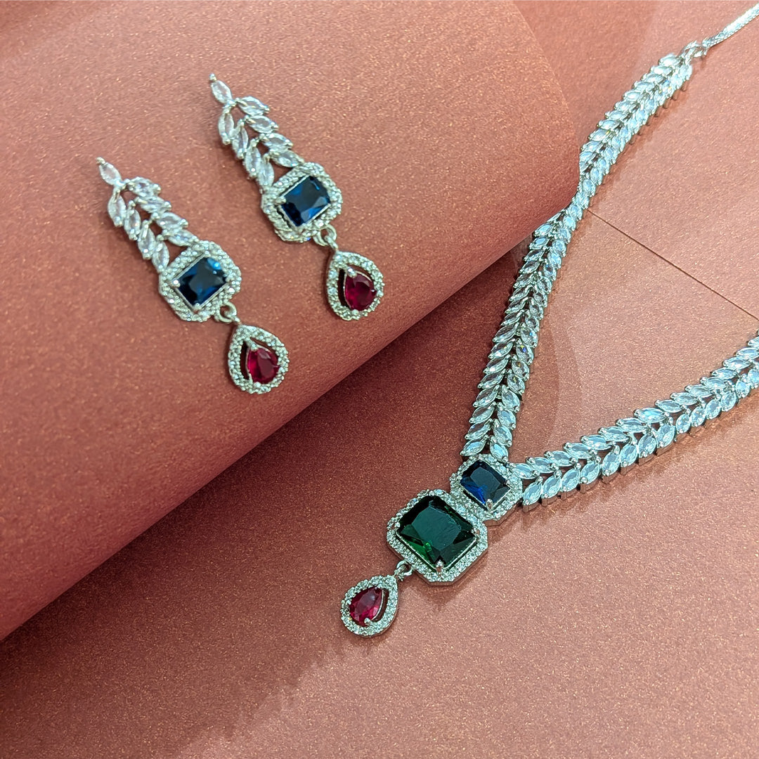 AD Luxe Square & Teardrop Gemstone Necklace With Matching Earrings For Women