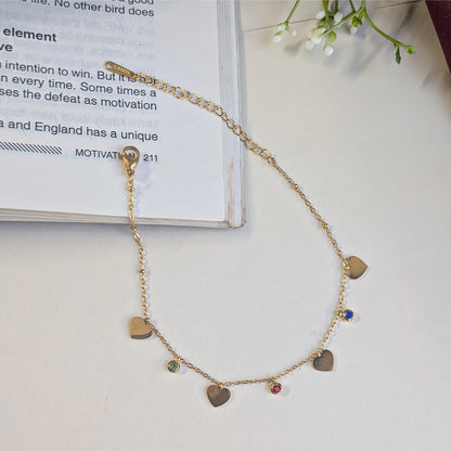 Gold Finish Heart Charm Anklet with Colorful Stones Accents For Girls & Women